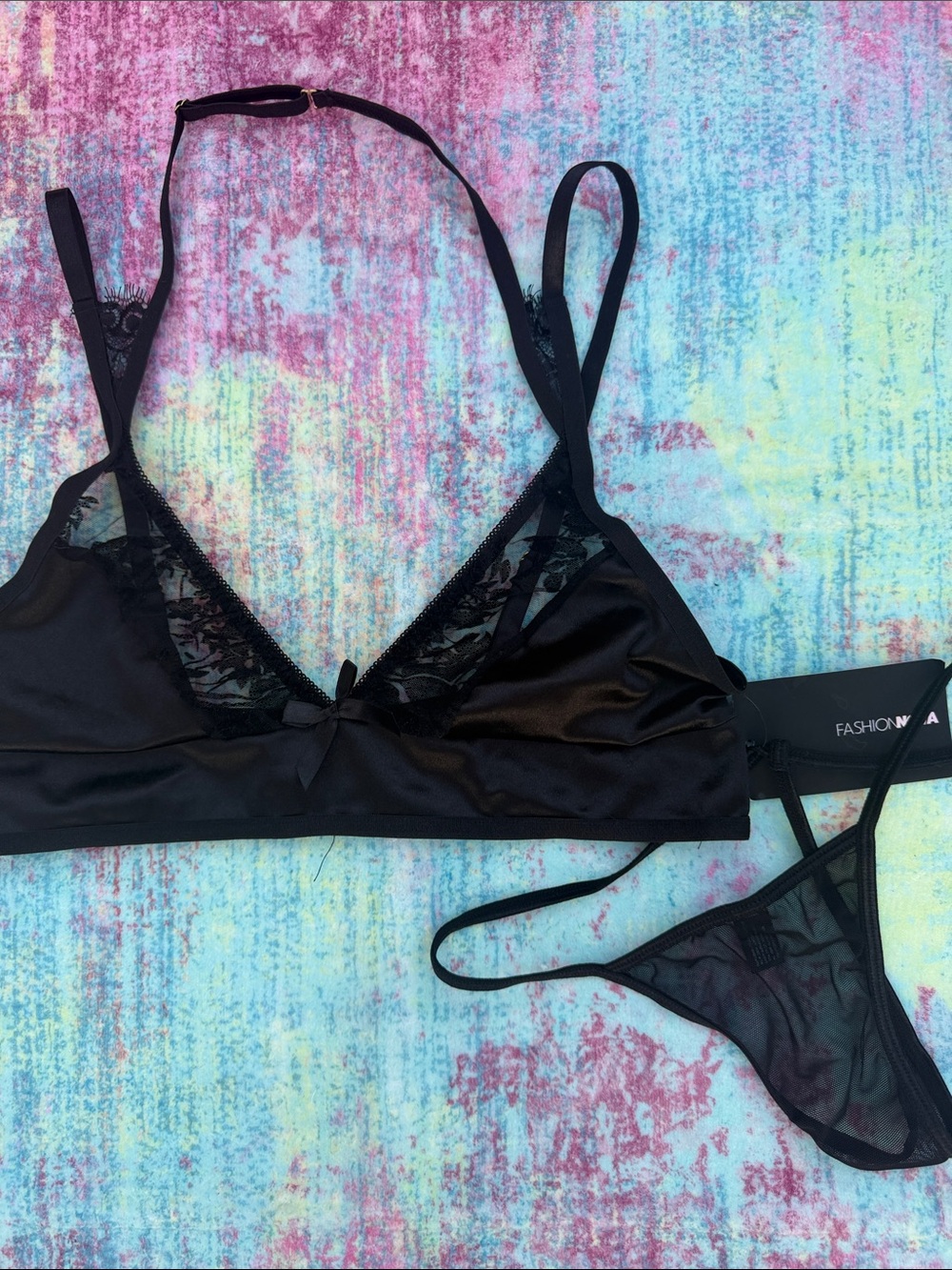 Fashion Nova Black Satin & Mesh Lace Lingerie Set